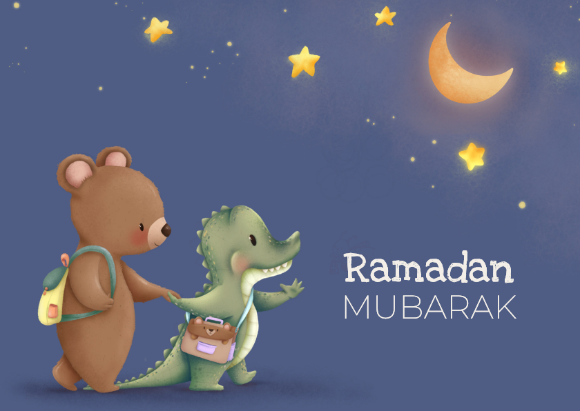 Religieuze kaarten - Ramadan Mubarak wenskaart schattige beer en krokodil
