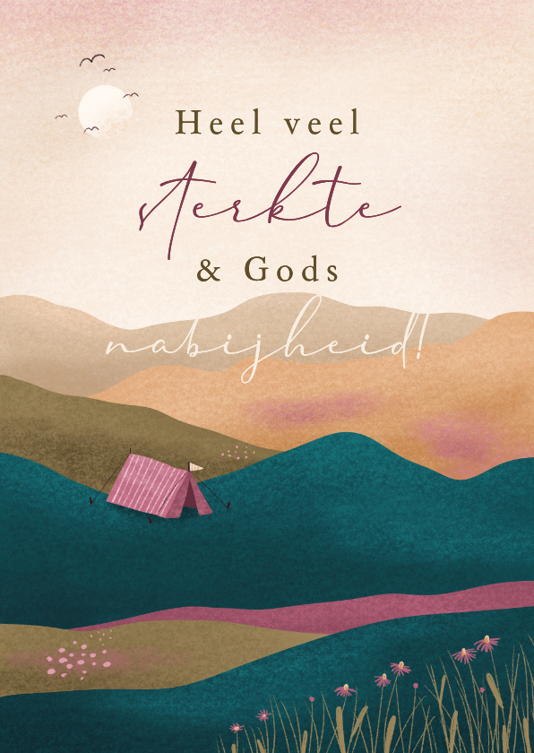 Religieuze kaarten - Sterkte kaart met tent in landschap bijbeltekst van binnen