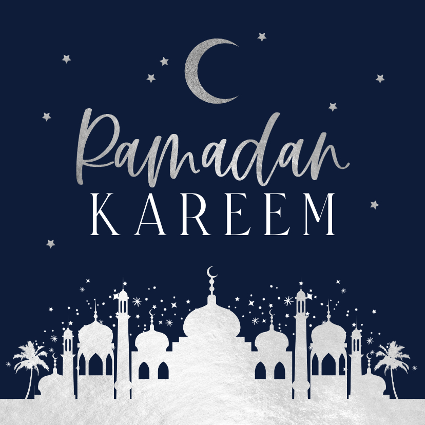 Religieuze kaarten - Stijlvolle kaart Ramadan Kareem zilveren stad maan sterren