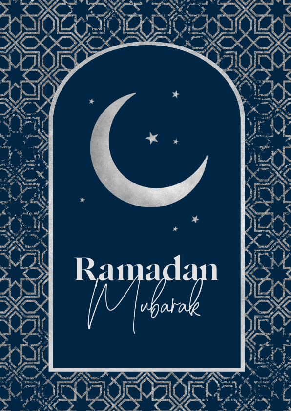 Religieuze kaarten - Stijlvolle kaart Ramadan Mubarak zilver raam maan sterren
