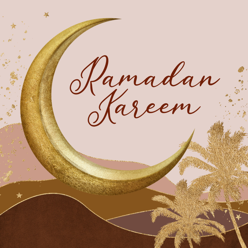 Religieuze kaarten - Stijlvolle ramadan kaart landschap palmbomen halve maan goud