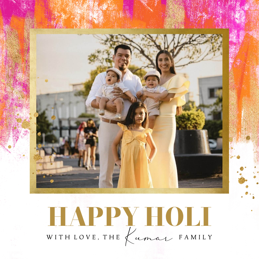 Trendy Holi kaart foto verfstrepen kleurrijk goud spetters - Religieuze kaarten Religieuze kaarten - Trendy Holi kaart foto verfstrepen kleurrijk goud spetters