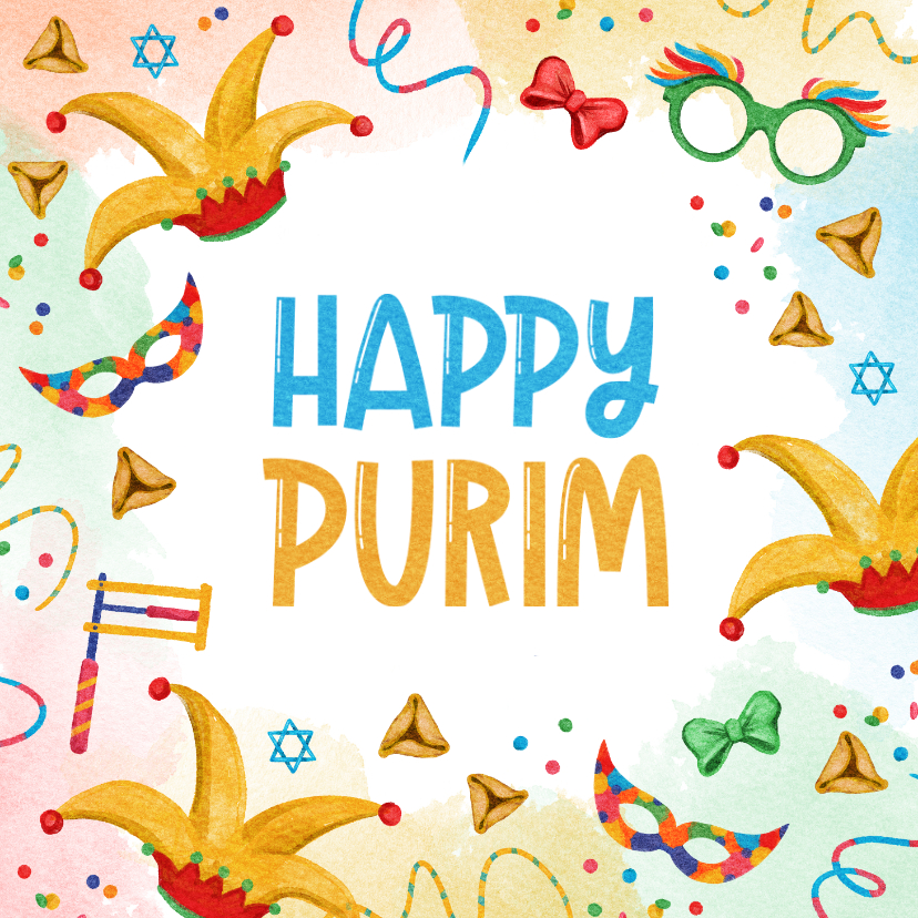 Wenskaart Happy Purim feestelijk illustraties - Religieuze kaarten Religieuze kaarten - Wenskaart Happy Purim feestelijk illustraties