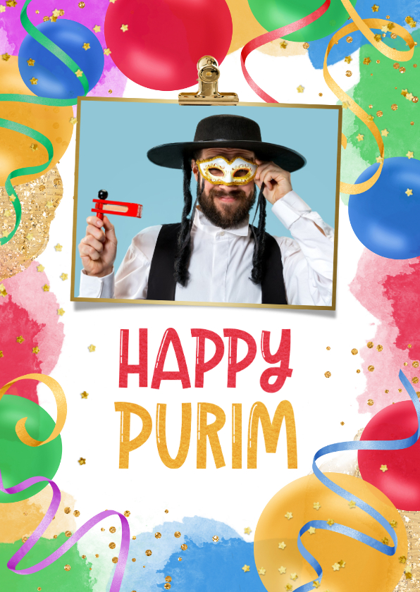 Wenskaart happy purim Joods feest confetti fotokaart - Religieuze kaarten Religieuze kaarten - Wenskaart happy purim Joods feest confetti fotokaart