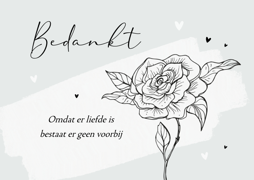 Rouwkaarten - Bedankt rouwkaart stijlvol roos lijntekening vlinder hartjes