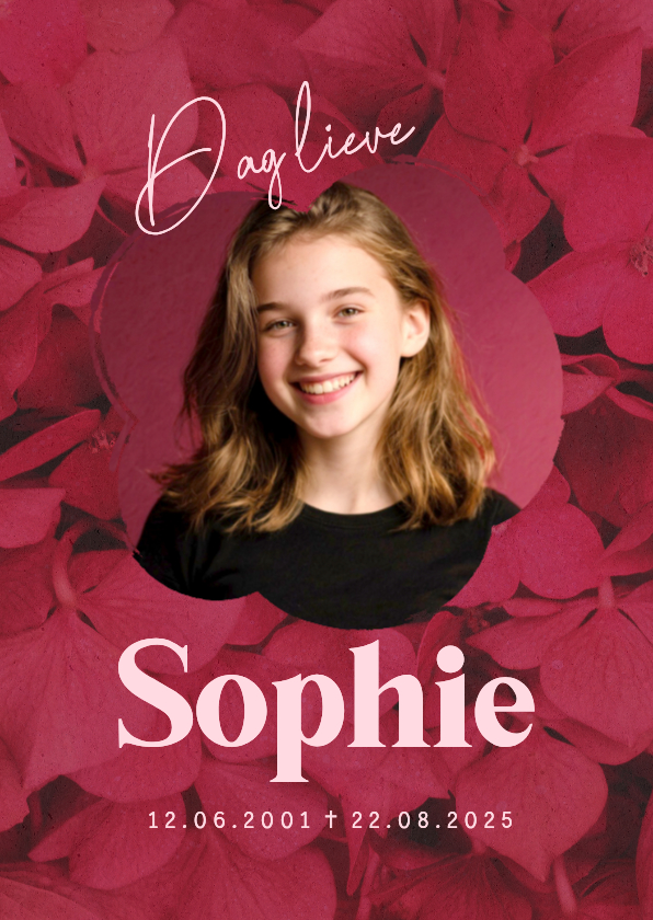 Rouwkaarten - Bidprent herinneringskaart foto hortensia bloemen rood roze