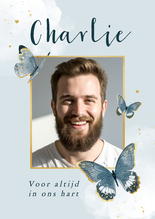 Rouwkaarten - Herinneringskaart vlinders waterverf blauw goud foto