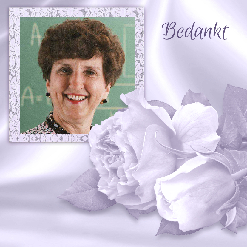 Mooie rouw- of bedankkaart met rozen en foto op satijnprint - Rouwkaarten Rouwkaarten - Mooie rouw- of bedankkaart met rozen en foto op satijnprint