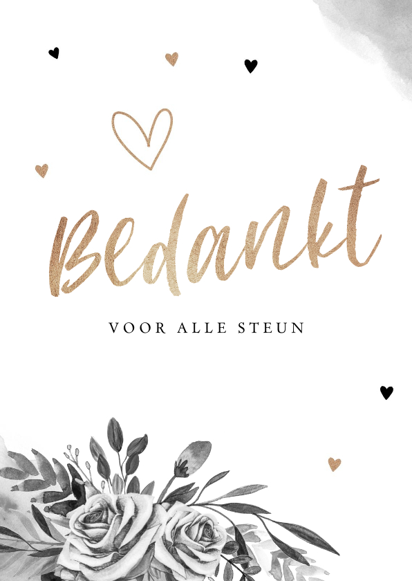 Rouwkaarten - Rouwkaart bedankkaart stijlvol bloemen zwart wit goud