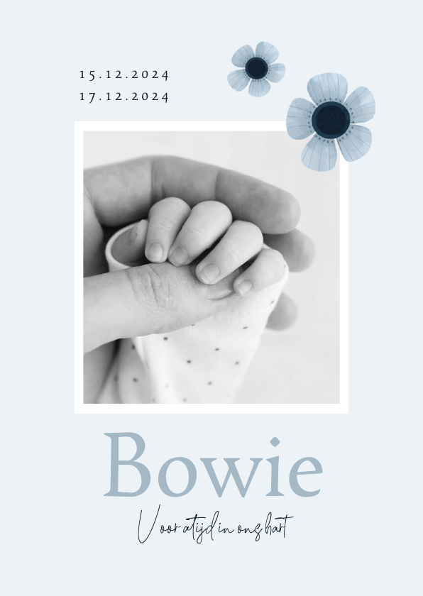 Rouwkaarten - Rouwkaart kindje baby jongen bloemen blauw