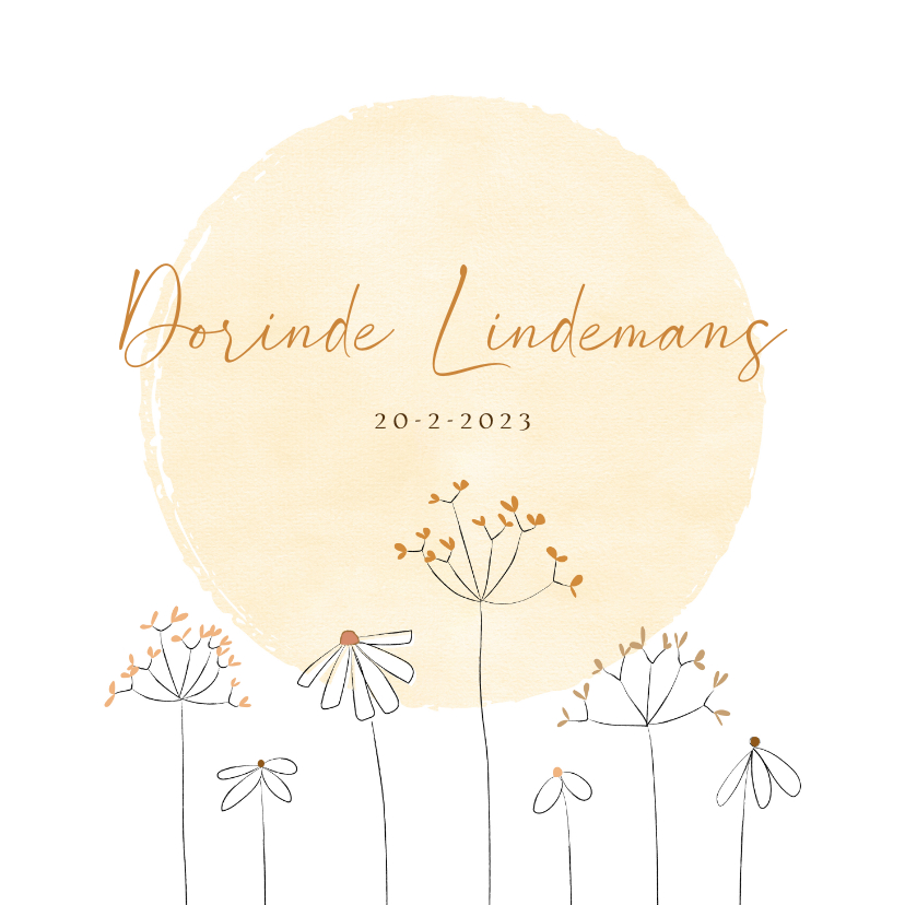 Rouwkaart met aquarel zon en subtiele handgetekende bloemen - Rouwkaarten Rouwkaarten - Rouwkaart met aquarel zon en subtiele handgetekende bloemen