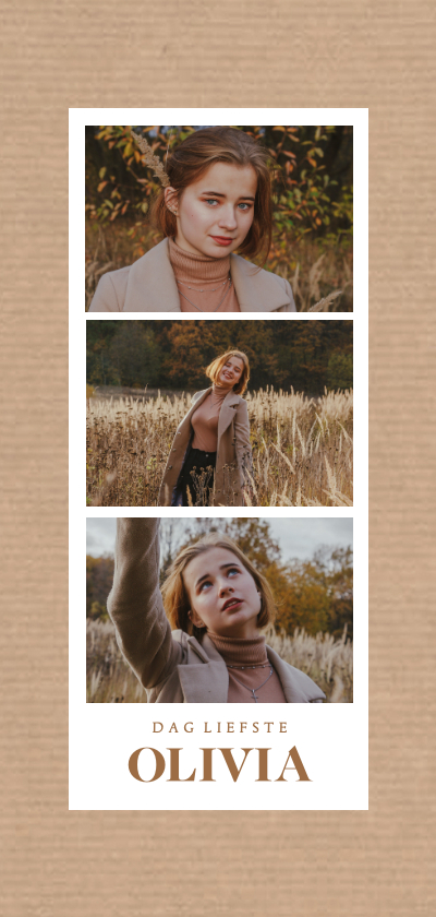 Rouwkaarten - Rouwkaart met drie foto's in photobooth stijl kraftpapier