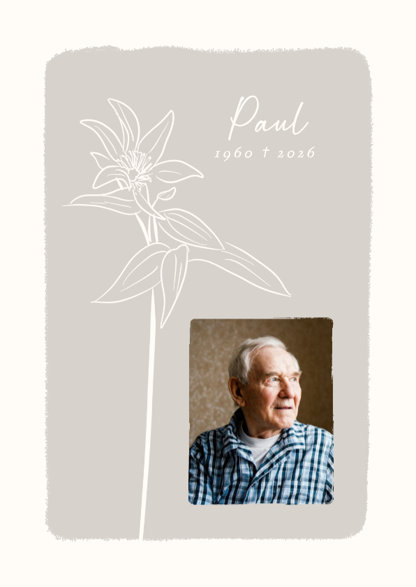 Rouwkaart met foto grijs met illustratie bloem - Rouwkaarten Rouwkaarten - Rouwkaart met foto grijs met illustratie bloem