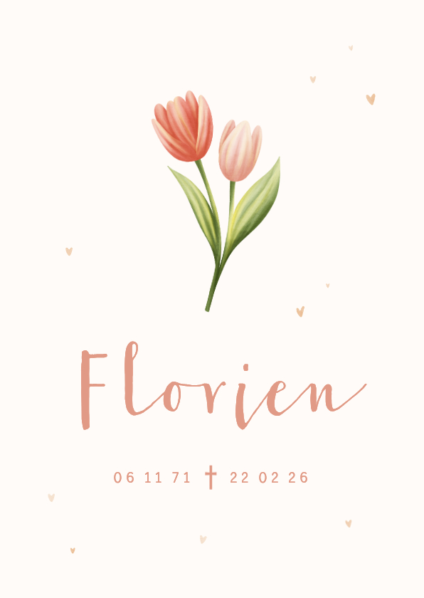 Rouwkaarten - Rouwkaart met tulpen en kleine koperlook hartjes