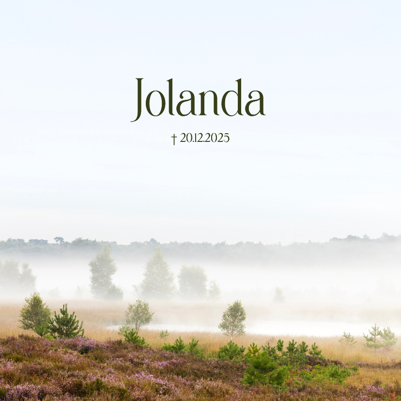 Rouwkaart paars heidelandschap met mist - Rouwkaarten Rouwkaarten - Rouwkaart paars heidelandschap met mist