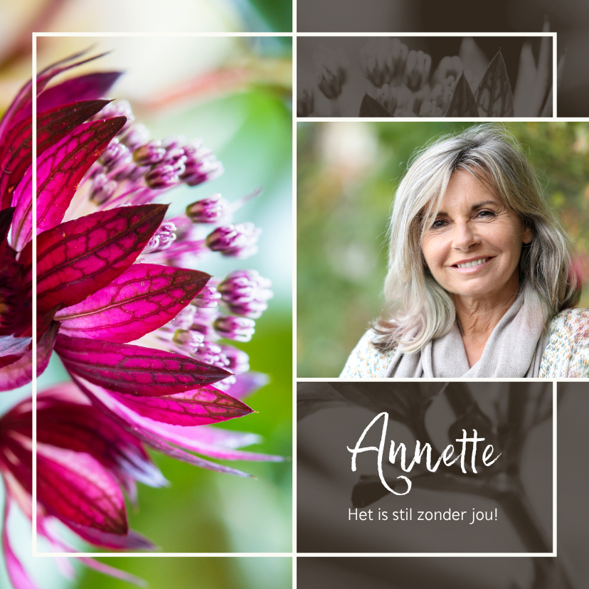 Rouwkaarten - Rouwkaart purple bloem groen en eigen foto