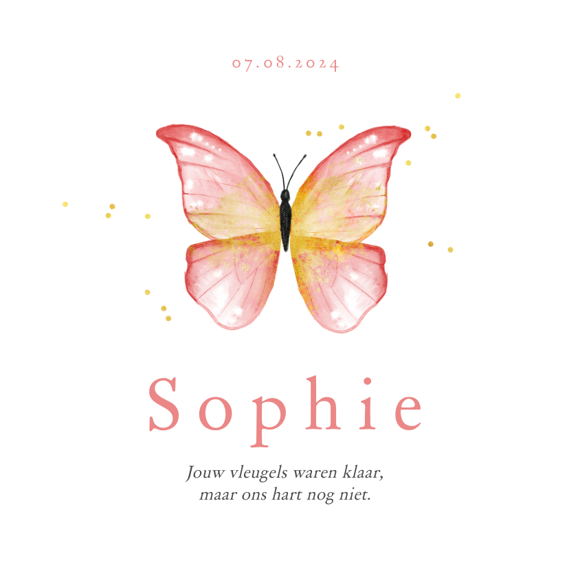 Rouwkaarten - Rouwkaart roze vlinder waterverf goud stijlvol meisje