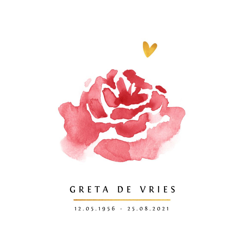 Rouwkaarten - Rouwkaart stijlvol geschilderde roos met gouden hartje