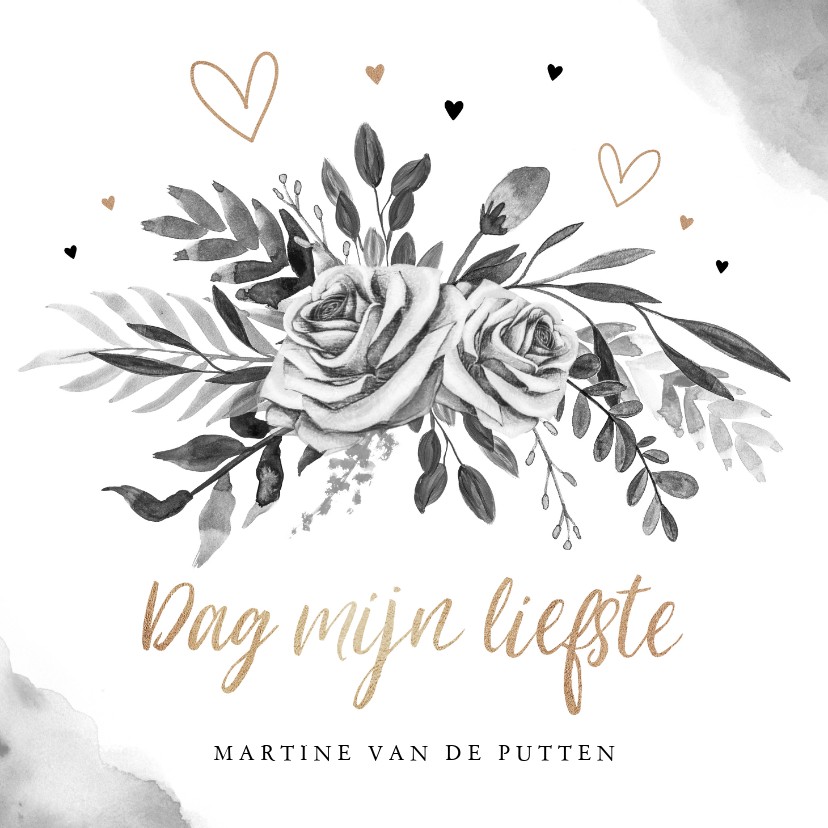 Rouwkaart stijlvol goudlook zwart wit bloemen hartjes - Rouwkaarten Rouwkaarten - Rouwkaart stijlvol goudlook zwart wit bloemen hartjes