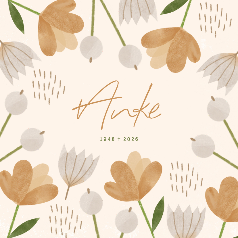 Rouwkaarten - Rouwkaart vierkant vrouw bloemen oker beige