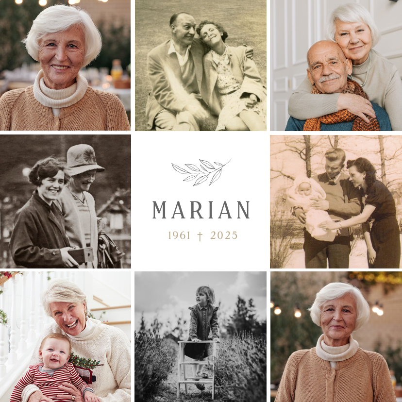 Rouwkaart vierkante fotocollage met 8 eigen foto's - Rouwkaarten Rouwkaarten - Rouwkaart vierkante fotocollage met 8 eigen foto's