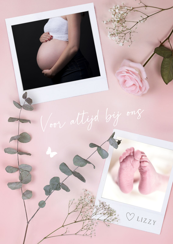 Rouwkaarten - Rouwkaart voor stilgeboren baby meisje met foto's en bloemen
