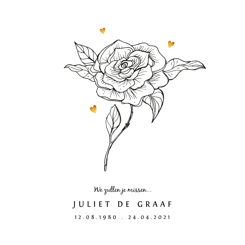 Rouwkaart vrouw met bloem en gouden hartjes - Rouwkaarten Rouwkaarten - Rouwkaart vrouw met bloem en gouden hartjes