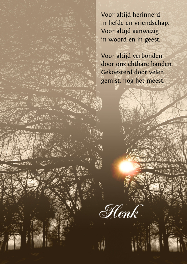 Rouwkaart zon door bomen met gedicht en tekstvoorstel - Rouwkaarten Rouwkaarten - Rouwkaart zon door bomen met gedicht en tekstvoorstel