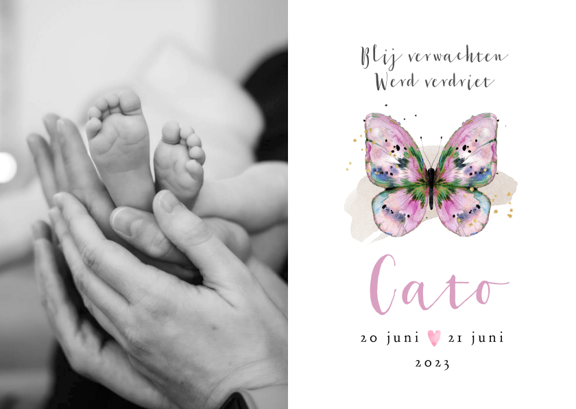 Rouwkaarten - Stijlvol rouwkaartje baby vlinder waterverf roze foto hart