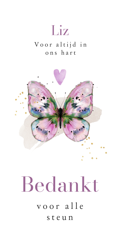 Rouwkaarten - Stijlvolle bedankkaart vlinder watercolor hartje lila