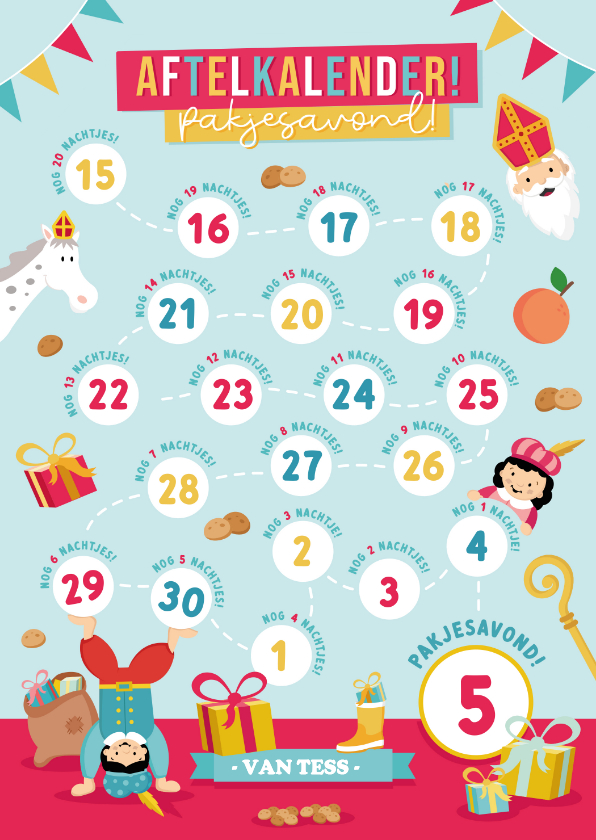 Aftelkaart pakjesavond Sinterklaas voor een kind - Sinterklaaskaarten Sinterklaaskaarten - Aftelkaart pakjesavond Sinterklaas voor een kind