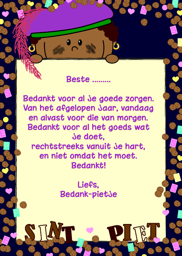 Gedichtje bedank piet - Sinterklaaskaarten Sinterklaaskaarten - Gedichtje bedank piet