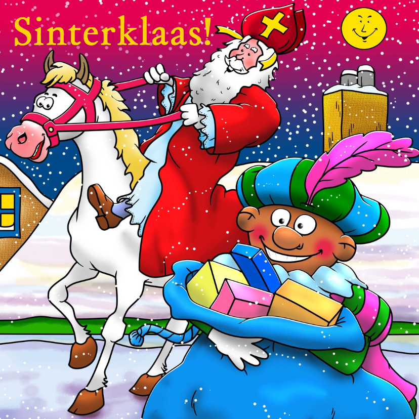 Grappige Sinterklaaskaart met Sint en Piet op het dak - Sinterklaaskaarten Sinterklaaskaarten - Grappige Sinterklaaskaart met Sint en Piet op het dak