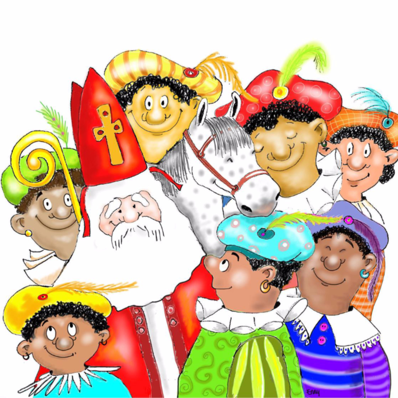Groep pieten met Sint en Amerigo - Sinterklaaskaarten Sinterklaaskaarten - Groep pieten met Sint en Amerigo