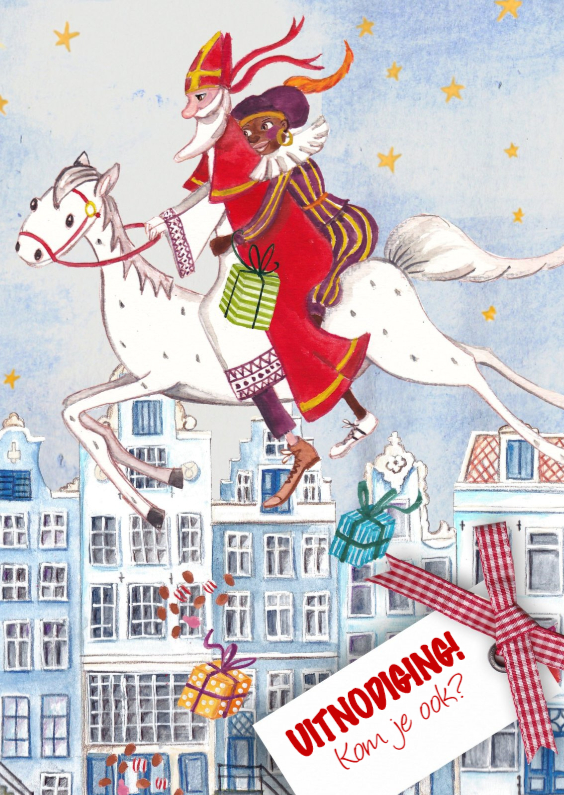Sint en Piet Huisjes Paard Illustratie - Sinterklaaskaarten Sinterklaaskaarten - Sint en Piet Huisjes Paard Illustratie
