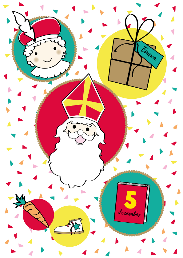 Sinterklaaskaarten - Sinterklaas en Piet in cirkels op vrolijke achtergrond