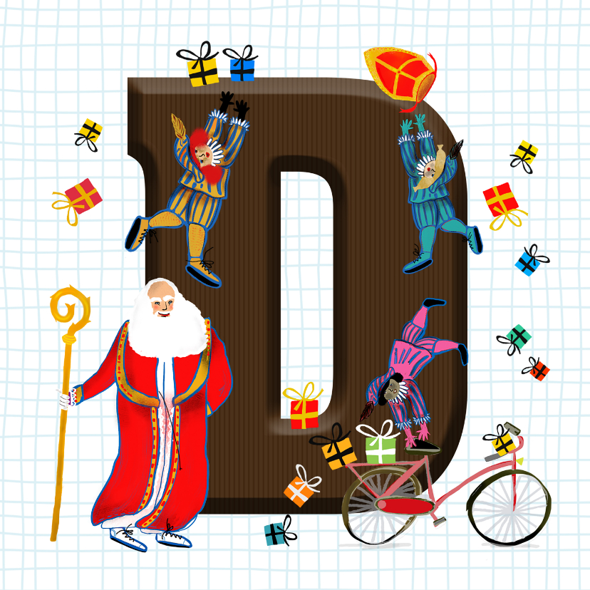 Sinterklaas kaart met chocolade-letter D - Sinterklaaskaarten Sinterklaaskaarten - Sinterklaas kaart met chocolade-letter D