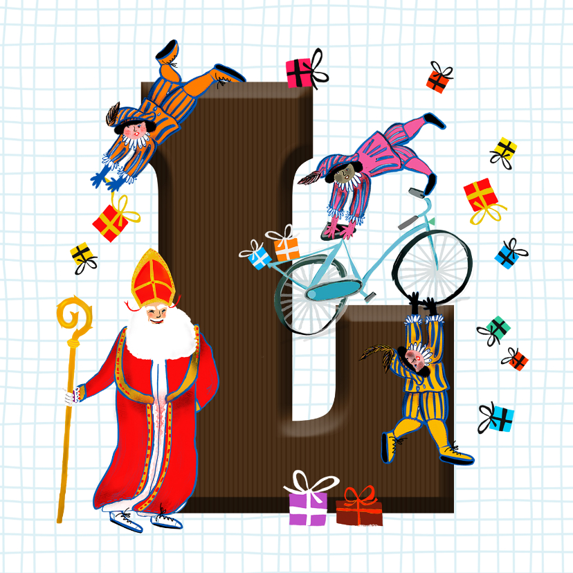 Sinterklaas kaart met chocolade-letter L - Sinterklaaskaarten Sinterklaaskaarten - Sinterklaas kaart met chocolade-letter L