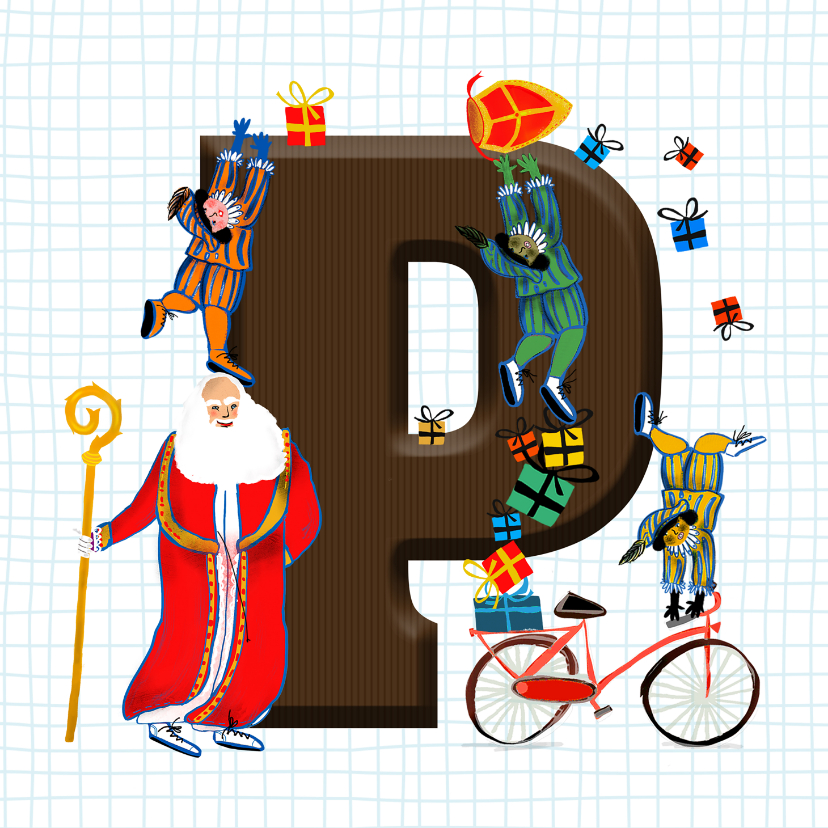 Sinterklaas kaart met chocolade-letter P - Sinterklaaskaarten Sinterklaaskaarten - Sinterklaas kaart met chocolade-letter P