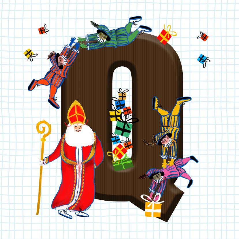 Sinterklaas kaart met chocolade-letter Q - Sinterklaaskaarten Sinterklaaskaarten - Sinterklaas kaart met chocolade-letter Q