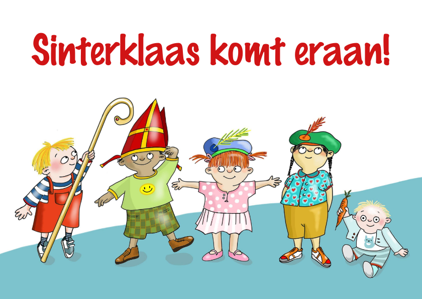 Sinterklaaskaarten - Sinterklaas - Vijf kinderen wachten op Sint en Piet