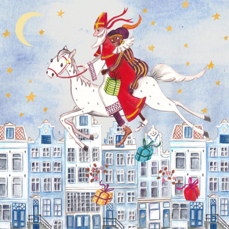 Sinterklaas Zwarte Piet Huis Illustratie - Sinterklaaskaarten Sinterklaaskaarten - Sinterklaas Zwarte Piet Huis Illustratie
