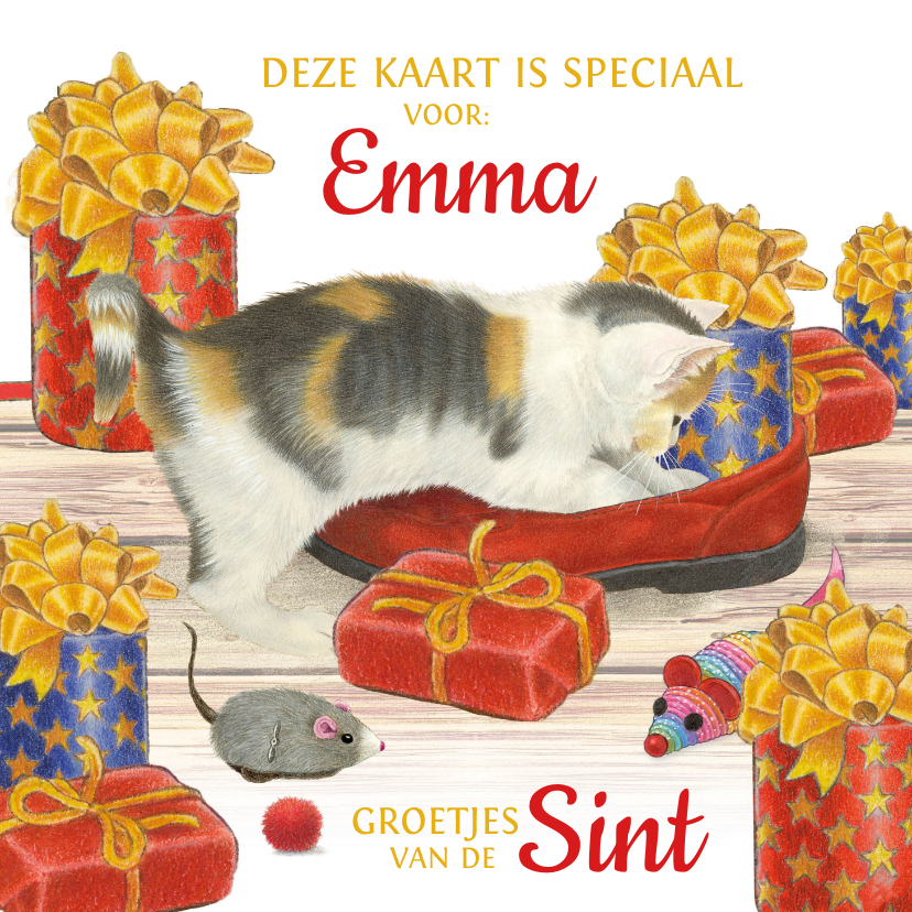 Sinterklaaskaarten - Sinterklaaskaart kitten vindt cadeautjes in schoen