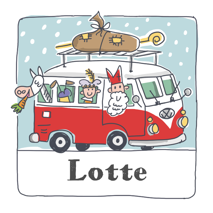 Sinterklaaskaarten - Sinterklaaskaart sint met pieten in volkswagenbusje