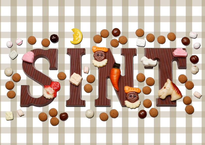 Sinterklaaskaart Sint met ruitjes beige - OT - Sinterklaaskaarten Sinterklaaskaarten - Sinterklaaskaart Sint met ruitjes beige - OT