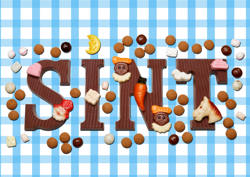 Sinterklaaskaart Sint met ruitjes blauw - OT - Sinterklaaskaarten Sinterklaaskaarten - Sinterklaaskaart Sint met ruitjes blauw - OT