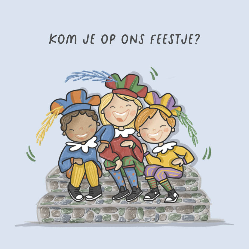 Sinterklaaskaarten - Sinterklaaskaart uitnodiging feest lachende Pietjes