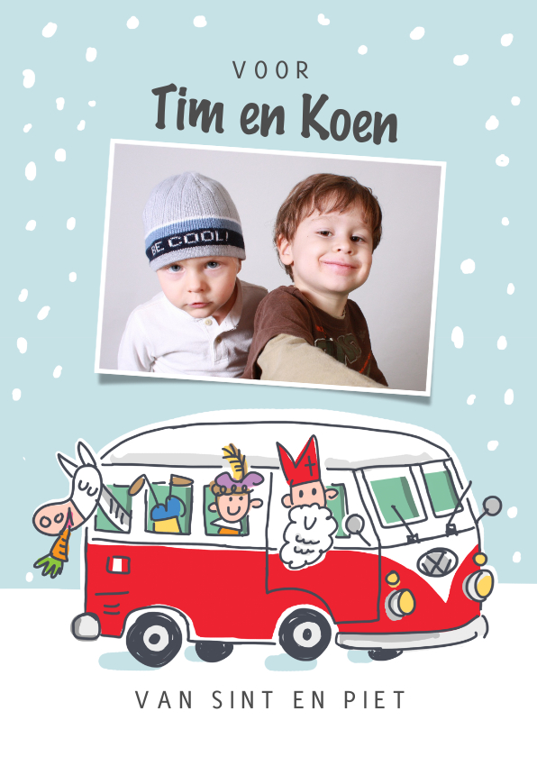 Sinterklaaskaarten - Sinterklaaskaart volkswagenbus met sint en pieten en foto