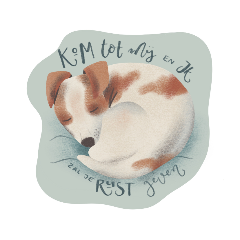 Kaart met slapend hondje en bijbeltekst over rust - Religie kaarten Religie kaarten - Kaart met slapend hondje en bijbeltekst over rust