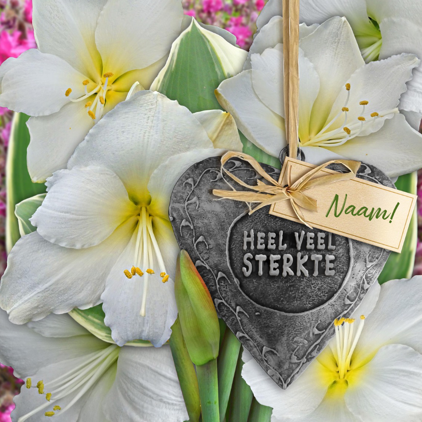 Mooie sterktekaart met witte Amaryllissen en label op hart - Sterkte kaarten Sterkte kaarten - Mooie sterktekaart met witte Amaryllissen en label op hart